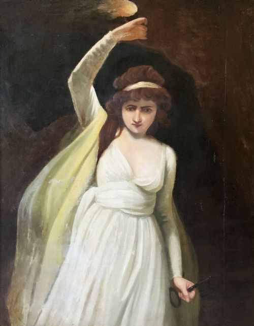 fig 2. A large gilt-framed Georgian oil painting on canvas depicting a woman in white classical drapery holding a torch against a dark background.