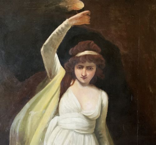 fig 4. A large gilt-framed Georgian oil painting on canvas depicting a woman in white classical drapery holding a torch against a dark background.