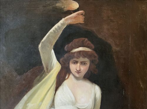 fig 5. A large gilt-framed Georgian oil painting on canvas depicting a woman in white classical drapery holding a torch against a dark background.