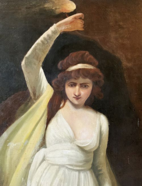 fig 6. A large gilt-framed Georgian oil painting on canvas depicting a woman in white classical drapery holding a torch against a dark background.