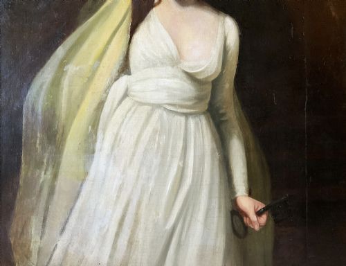 fig 7. A large gilt-framed Georgian oil painting on canvas depicting a woman in white classical drapery holding a torch against a dark background.