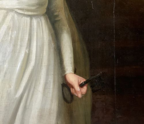 fig 8. A large gilt-framed Georgian oil painting on canvas depicting a woman in white classical drapery holding a torch against a dark background.
