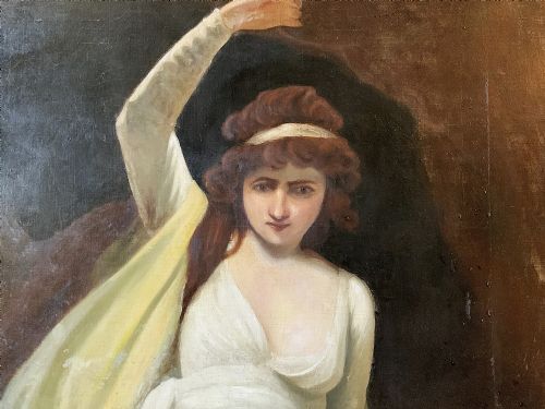 fig 9. A large gilt-framed Georgian oil painting on canvas depicting a woman in white classical drapery holding a torch against a dark background.