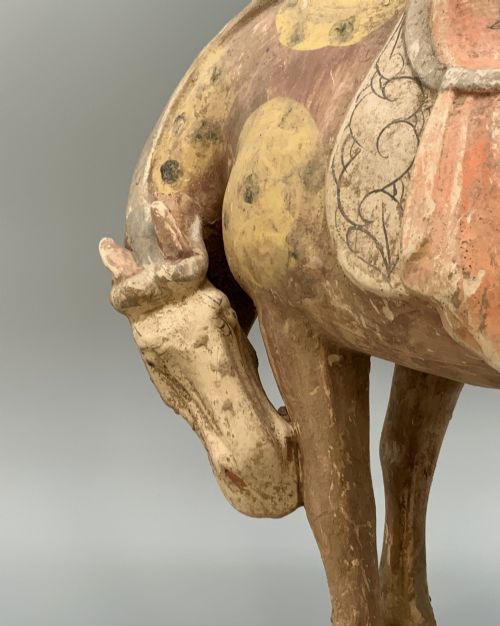 fig 8. A terracotta horse figurine featuring a dappled coat pattern, draped saddle, and a head lowered towards its front hoof on a rectangular plinth.
