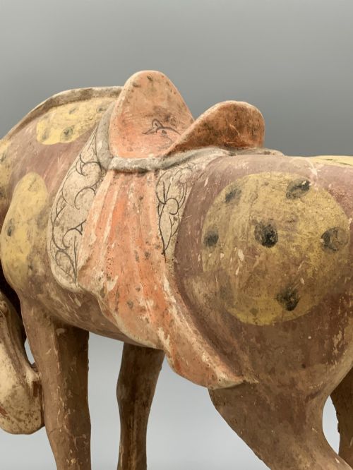 fig 9. A terracotta horse figurine featuring a dappled coat pattern, draped saddle, and a head lowered towards its front hoof on a rectangular plinth.