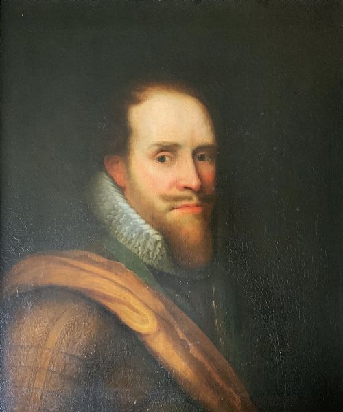 fig 2. A 17th-century Dutch Old Master oil portrait of a man with a beard, lace ruff, and armour, presented in a light-coloured moulded wooden frame.