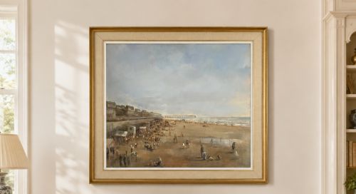 fig 1. An impressionist oil painting on board depicting a crowded British seaside beach with a pier in the distance, housed in a gilt frame with a fabric liner.
