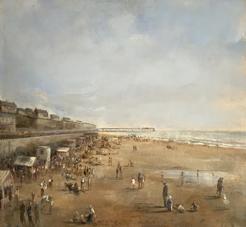 fig 2. An impressionist oil painting on board depicting a crowded British seaside beach with a pier in the distance, housed in a gilt frame with a fabric liner.