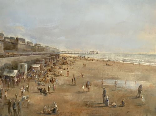 fig 3. An impressionist oil painting on board depicting a crowded British seaside beach with a pier in the distance, housed in a gilt frame with a fabric liner.