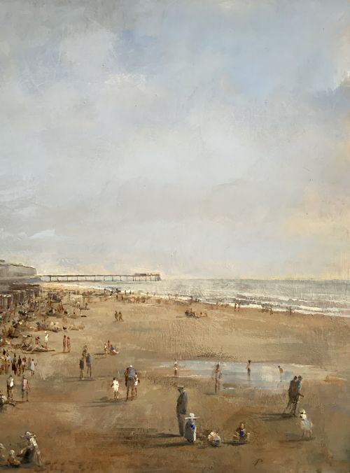 fig 4. An impressionist oil painting on board depicting a crowded British seaside beach with a pier in the distance, housed in a gilt frame with a fabric liner.