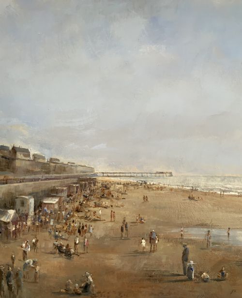 fig 5. An impressionist oil painting on board depicting a crowded British seaside beach with a pier in the distance, housed in a gilt frame with a fabric liner.