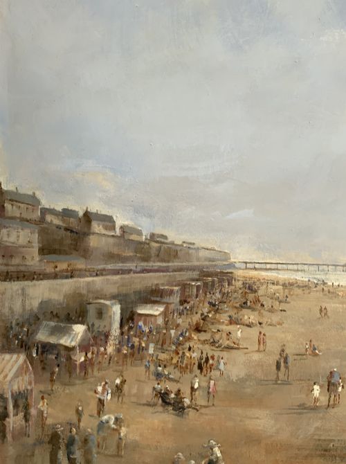 fig 7. An impressionist oil painting on board depicting a crowded British seaside beach with a pier in the distance, housed in a gilt frame with a fabric liner.