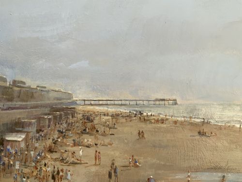 fig 8. An impressionist oil painting on board depicting a crowded British seaside beach with a pier in the distance, housed in a gilt frame with a fabric liner.