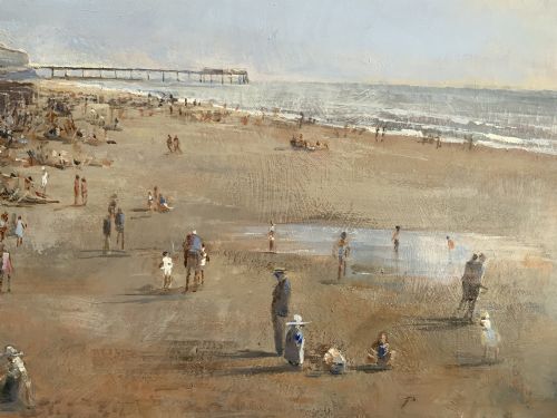 fig 9. An impressionist oil painting on board depicting a crowded British seaside beach with a pier in the distance, housed in a gilt frame with a fabric liner.