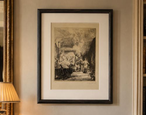 fig 1. Monochrome etching depicting the death of the Virgin Mary surrounded by figures and angels near a canopy bed.