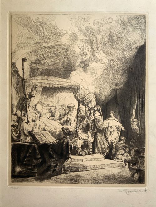 fig 3. Monochrome etching depicting the death of the Virgin Mary surrounded by figures and angels near a canopy bed.