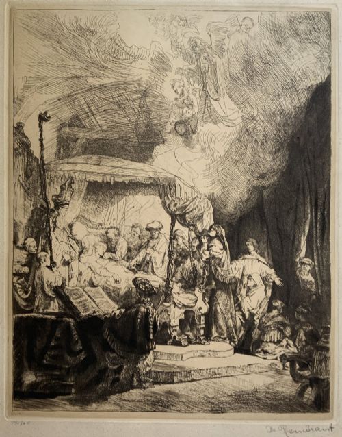 fig 4. Monochrome etching depicting the death of the Virgin Mary surrounded by figures and angels near a canopy bed.