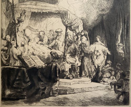 fig 5. Monochrome etching depicting the death of the Virgin Mary surrounded by figures and angels near a canopy bed.