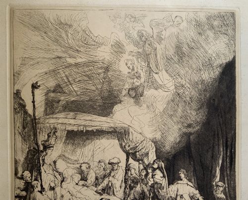 fig 6. Monochrome etching depicting the death of the Virgin Mary surrounded by figures and angels near a canopy bed.