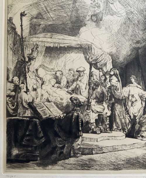 fig 7. Monochrome etching depicting the death of the Virgin Mary surrounded by figures and angels near a canopy bed.
