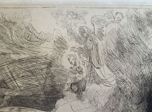 fig 9. Monochrome etching depicting the death of the Virgin Mary surrounded by figures and angels near a canopy bed.