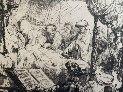 fig 10. Monochrome etching depicting the death of the Virgin Mary surrounded by figures and angels near a canopy bed.