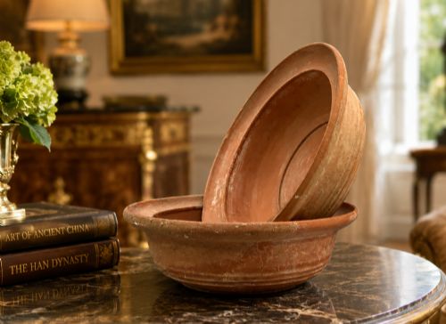 fig 1. A pair of circular Han Dynasty red terracotta pottery basins featuring broad everted rims and horizontal exterior grooves.