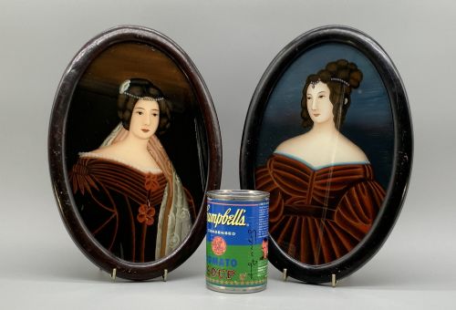 fig 2. A pair of Japanese Meiji period miniature portrait paintings in oval dark rosewood frames, depicting women in 19th-century style dresses.