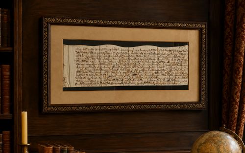 fig 1. A framed 17th-century handwritten vellum document featuring brown ink calligraphic script presented in an ornate dark wood frame.