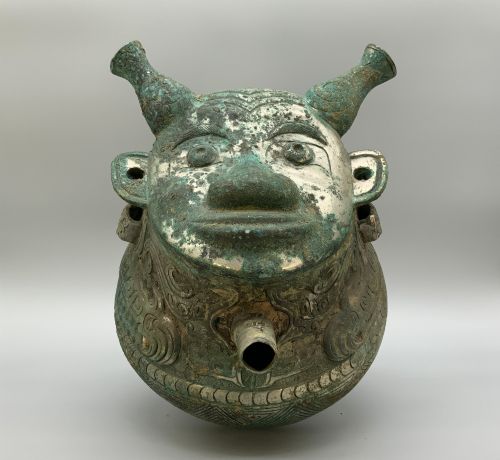 Large Chinese Shang Dynasty Style Ritual Bronze 'He' Wine Vessel with Human Face