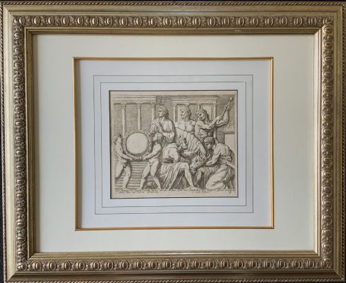 fig 2. A monochrome 17th-century classical etching depicting men and boys performing a ritual sacrifice of a bull in front of a Roman temple, complete with Latin text at the bottom.