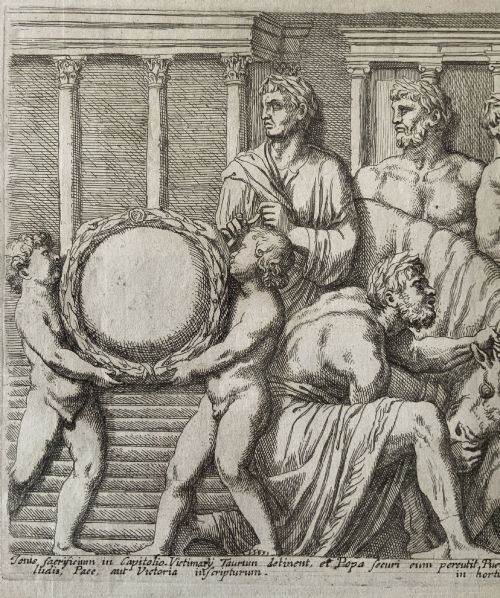 fig 3. A monochrome 17th-century classical etching depicting men and boys performing a ritual sacrifice of a bull in front of a Roman temple, complete with Latin text at the bottom.