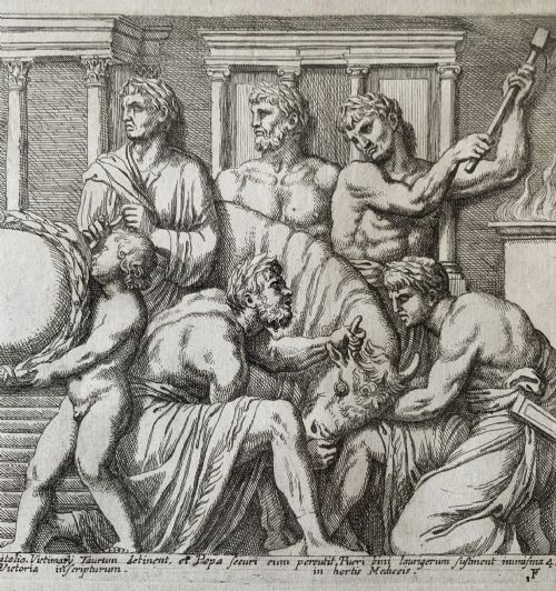 fig 4. A monochrome 17th-century classical etching depicting men and boys performing a ritual sacrifice of a bull in front of a Roman temple, complete with Latin text at the bottom.