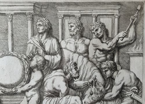 fig 6. A monochrome 17th-century classical etching depicting men and boys performing a ritual sacrifice of a bull in front of a Roman temple, complete with Latin text at the bottom.