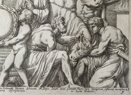fig 7. A monochrome 17th-century classical etching depicting men and boys performing a ritual sacrifice of a bull in front of a Roman temple, complete with Latin text at the bottom.