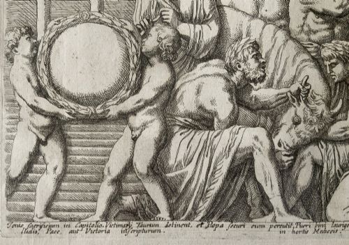 fig 8. A monochrome 17th-century classical etching depicting men and boys performing a ritual sacrifice of a bull in front of a Roman temple, complete with Latin text at the bottom.