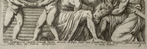 fig 9. A monochrome 17th-century classical etching depicting men and boys performing a ritual sacrifice of a bull in front of a Roman temple, complete with Latin text at the bottom.