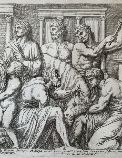 fig 10. A monochrome 17th-century classical etching depicting men and boys performing a ritual sacrifice of a bull in front of a Roman temple, complete with Latin text at the bottom.
