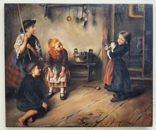 fig 1. An oil painting depicting four children in traditional attire interacting with a kitten inside a rustic cottage interior.