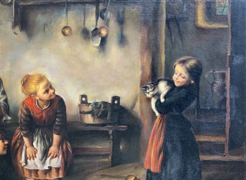 fig 3. An oil painting depicting four children in traditional attire interacting with a kitten inside a rustic cottage interior.