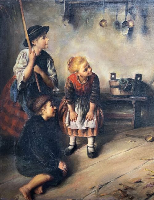 fig 4. An oil painting depicting four children in traditional attire interacting with a kitten inside a rustic cottage interior.