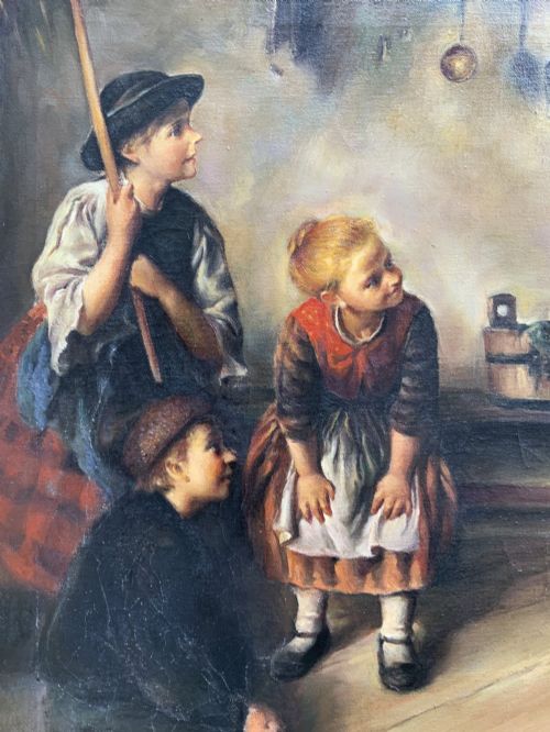 fig 5. An oil painting depicting four children in traditional attire interacting with a kitten inside a rustic cottage interior.