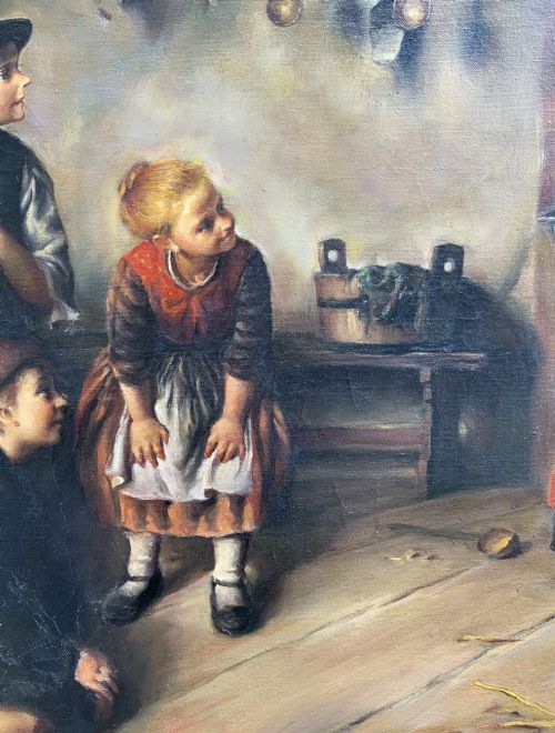 fig 6. An oil painting depicting four children in traditional attire interacting with a kitten inside a rustic cottage interior.
