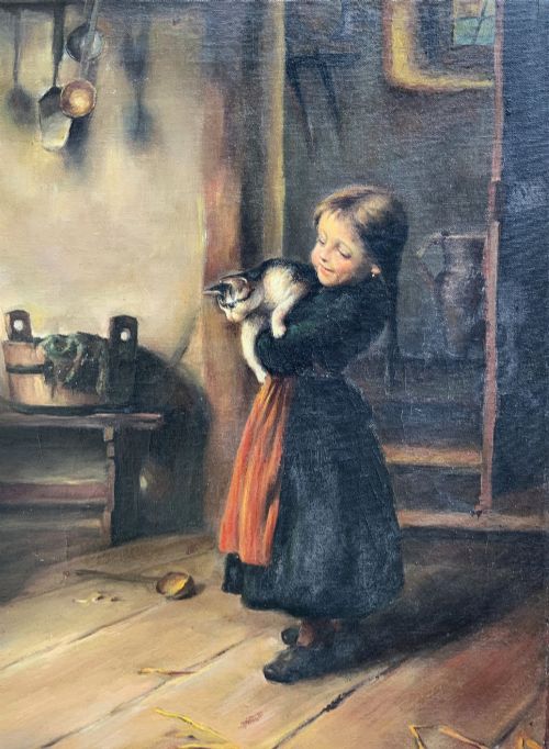 fig 7. An oil painting depicting four children in traditional attire interacting with a kitten inside a rustic cottage interior.