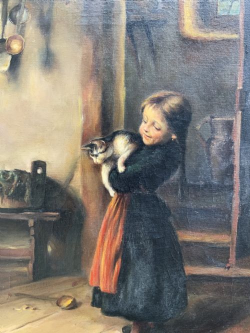 fig 8. An oil painting depicting four children in traditional attire interacting with a kitten inside a rustic cottage interior.