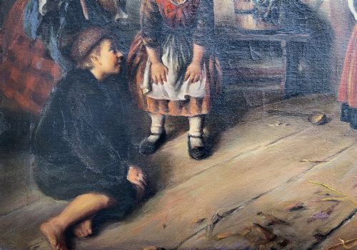 fig 10. An oil painting depicting four children in traditional attire interacting with a kitten inside a rustic cottage interior.