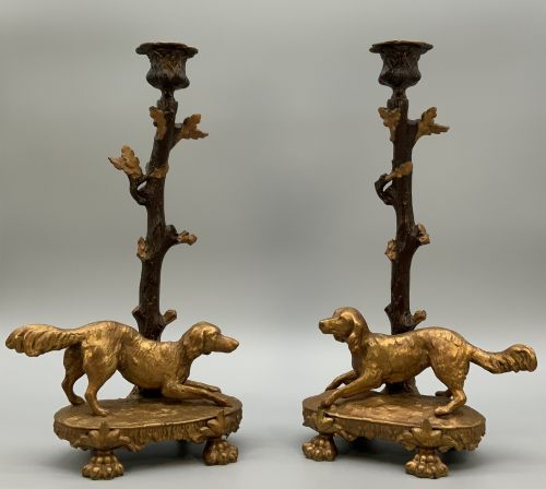 Superb Pair 19th-century Gilded Bronzed Dog Candlestick Holders 33.5 Cm Tall