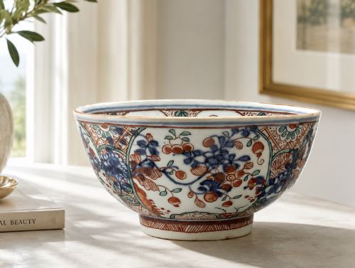fig 1. An antique deep circular porcelain bowl featuring hand-painted Chinese Imari floral foliage and diaper pattern borders in blue, red, and green.