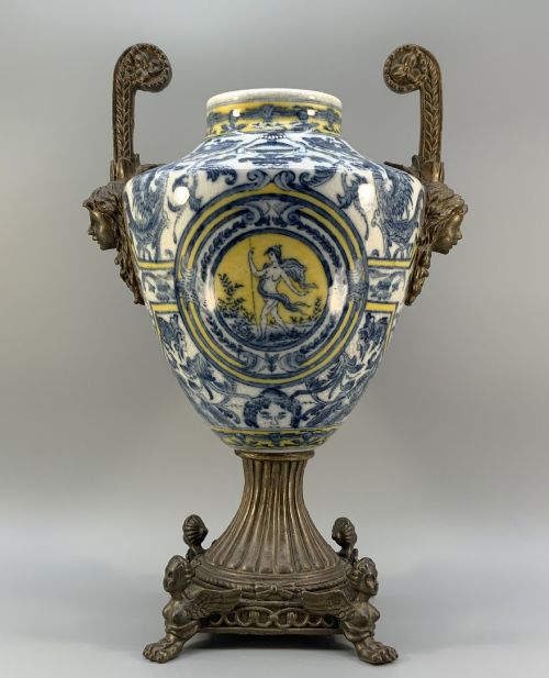 Antique Renaissance Revival Faience Vase with Bronze Mounts C.1900