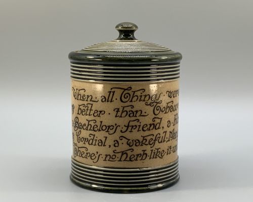 Antique Royal Doulton Stoneware Tobacco Jar & Cover – Motto Inscription